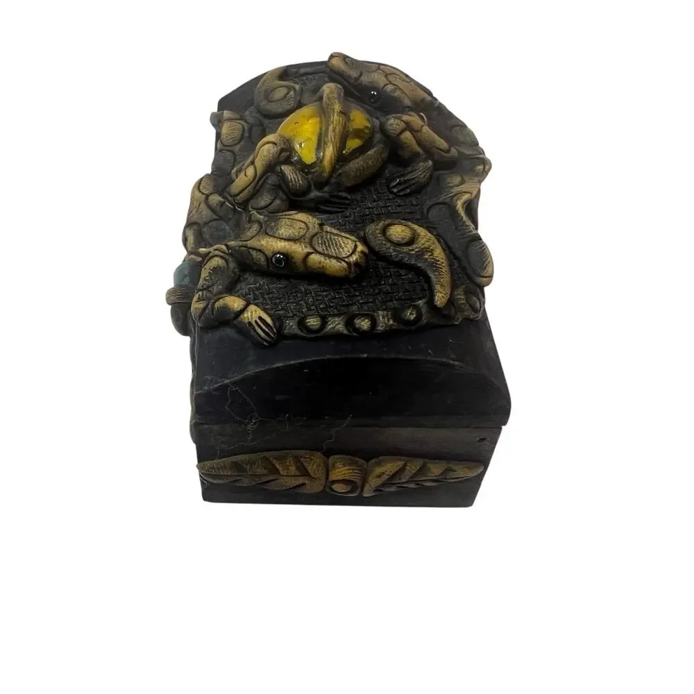 Southeast Asian Wooden Handmade Trinket Box Crocodile Carved Semi-precious Stone